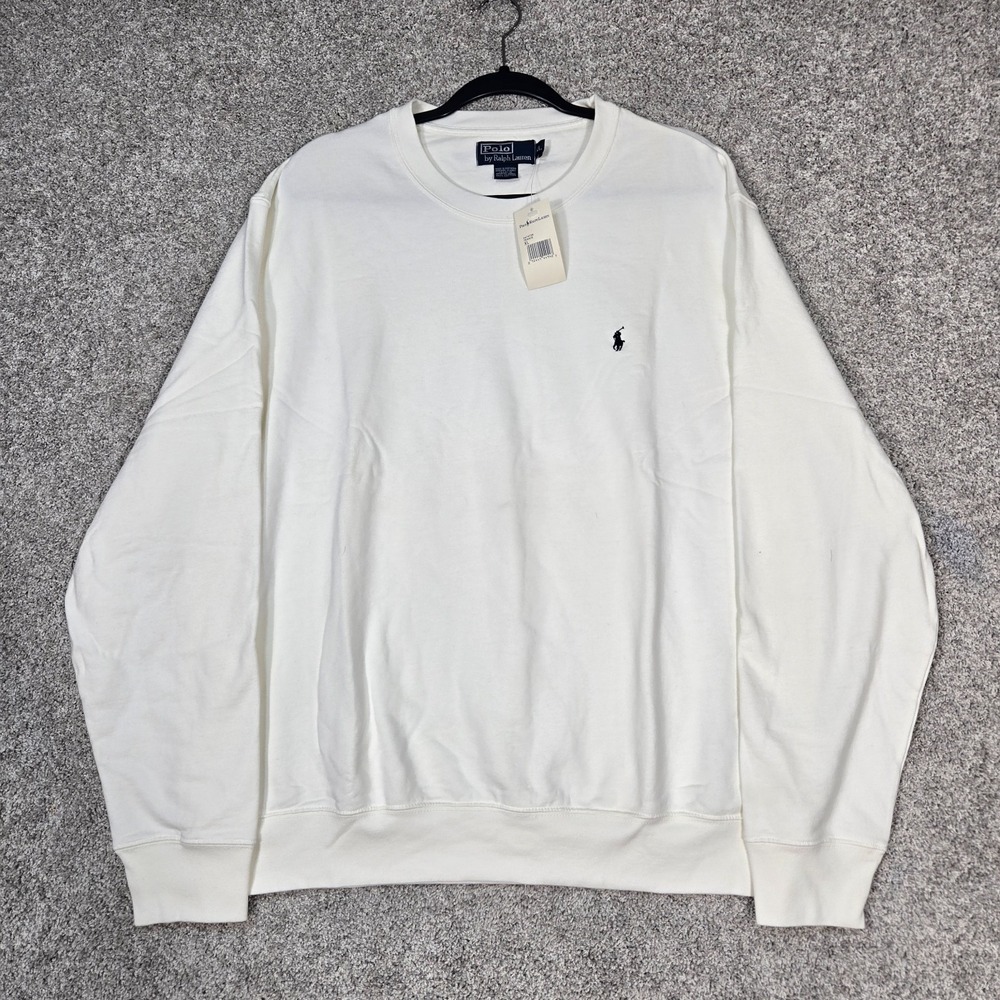 Vintage Polo Ralph Lauren Mens XL White Crew Neck Sweatshirt Tennis Logo NEW